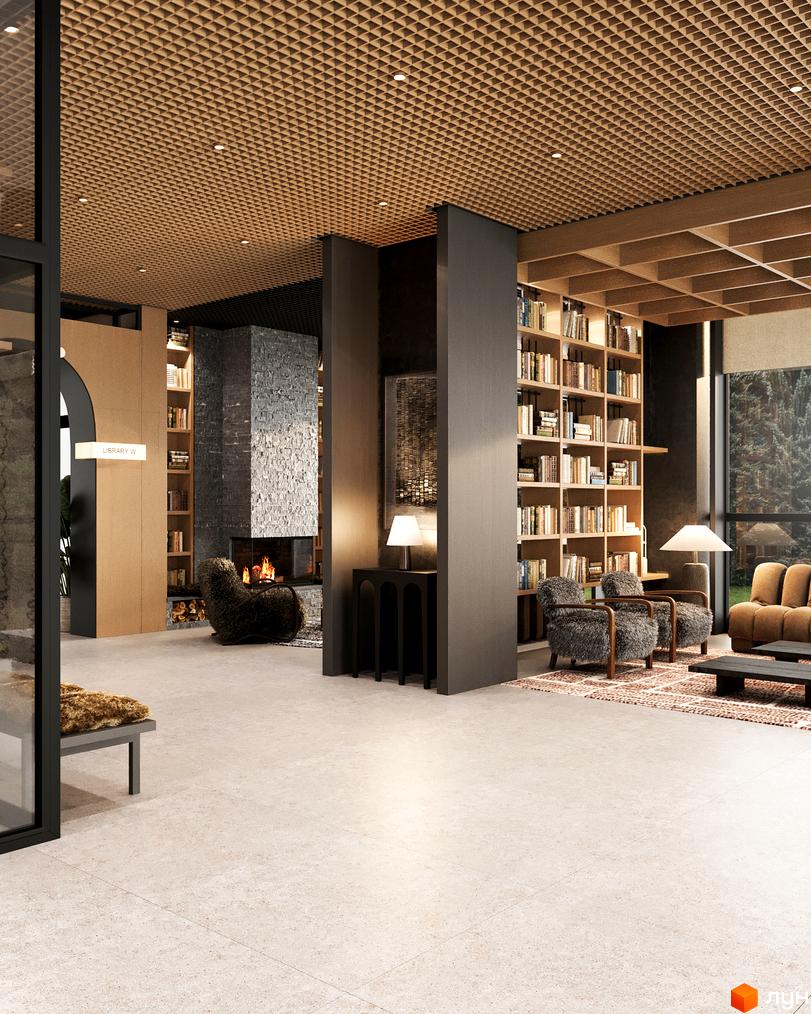 Інтер'єр Erwin Hall: затишна зона з каміном, книжковими полицями та комфортними кріслами. Сучасний дизайн для відпочинку та роботи.