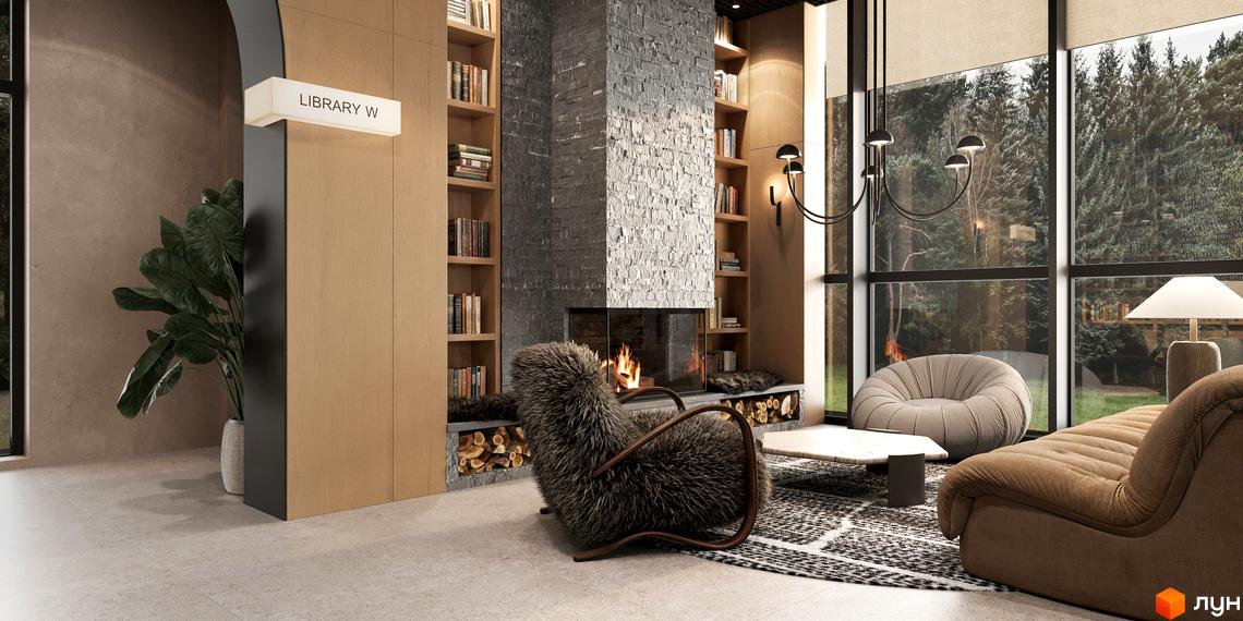 Інтер'єр вітальні в Erwin Hall з каміном та великими вікнами, що виходять на ліс. Затишна атмосфера для відпочинку та читання.