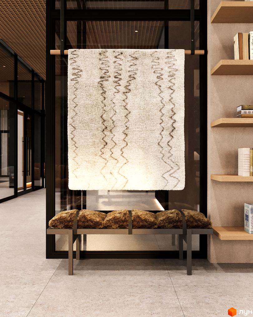 Інтер'єр холу житлового комплексу Erwin Hall з килимом та лавою. Сучасний дизайн та оздоблення створюють затишну атмосферу.