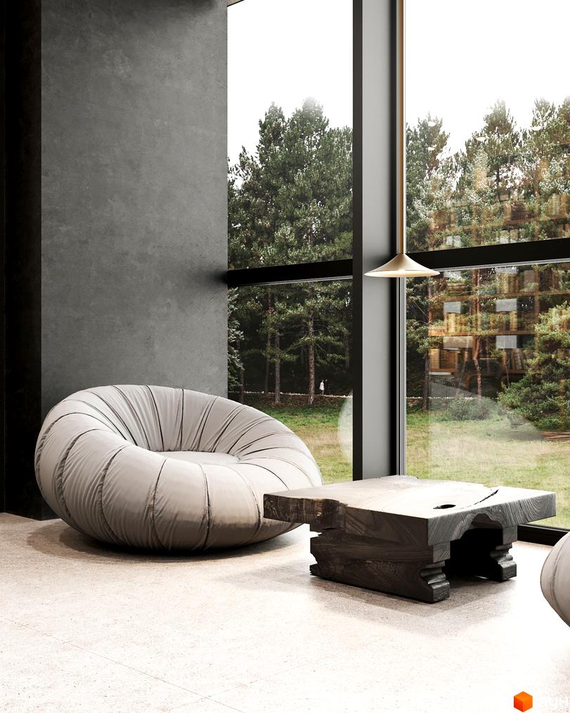 Сучасний інтер'єр вітальні з панорамними вікнами, що виходять на ліс. Затишна атмосфера для відпочинку у комплексі Erwin Hall.