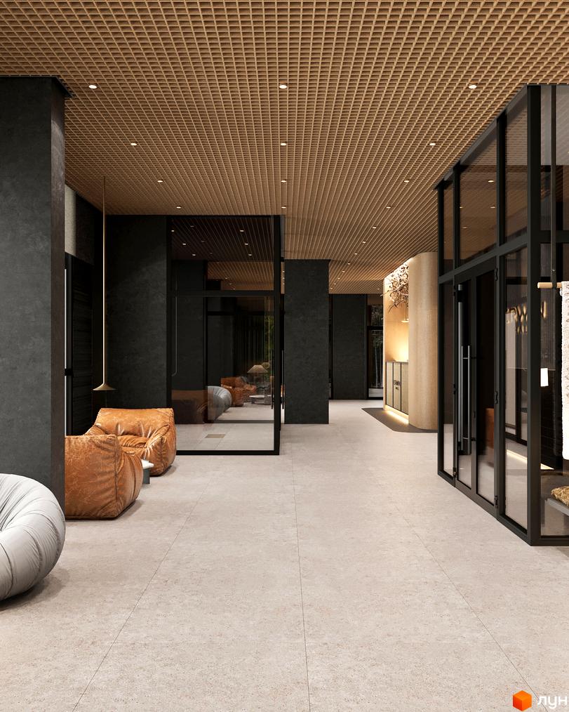 Інтер'єр лобі житлового комплексу Erwin Hall з м'якими меблями та підвісним освітленням. Сучасний дизайн простору з акцентом на комфорт та функціональність.