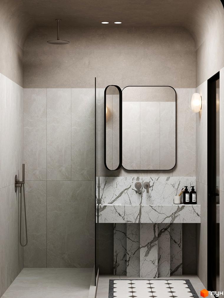 Сучасний дизайн ванної кімнати у житловому комплексі Erwin Hall з мармуровою раковиною та душем.