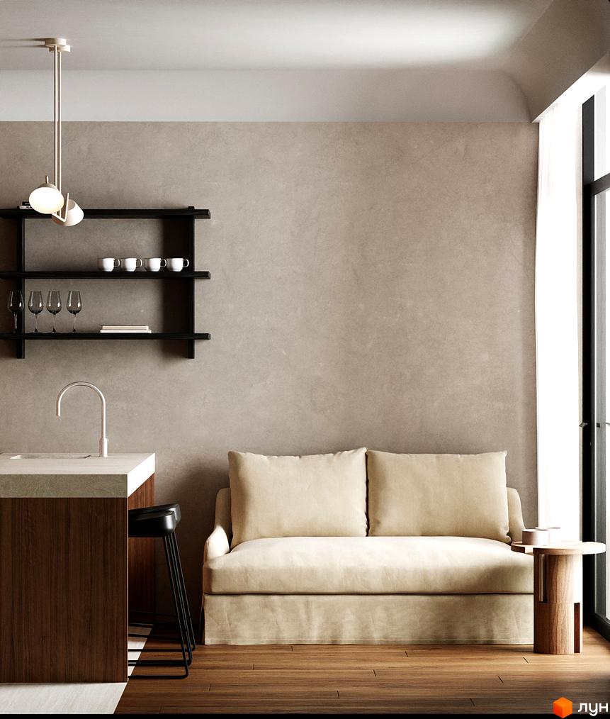 Інтер'єр квартири в Erwin Hall з диваном, барною стійкою та полицями. Сучасне житло з функціональним плануванням.