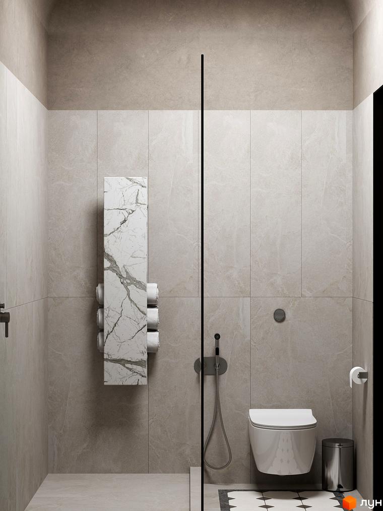 Дизайн ванної кімнати в новобудові Erwin Hall з підвісним унітазом та біде. Сучасне оздоблення стін мармуровою плиткою.