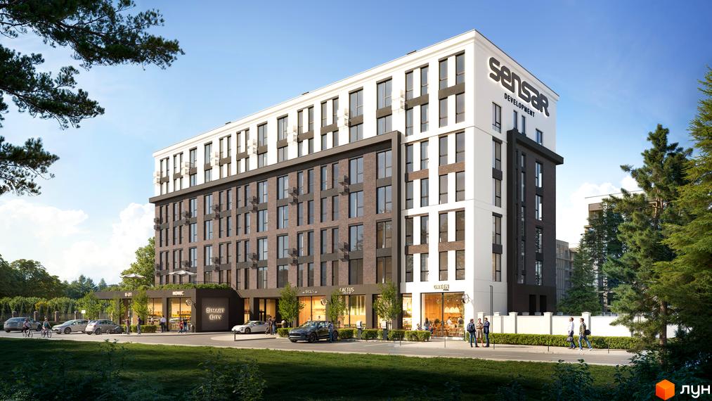 Фасад багатоповерхового будинку житлового комплексу Smart City з комерційними приміщеннями на першому поверсі та прибудинковою територією з деревами та автомобілями.