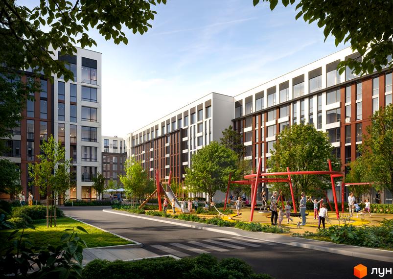 Житловий комплекс Smart City з фасадами біло-коричневих кольорів та дитячим майданчиком з гойдалками та гіркою.