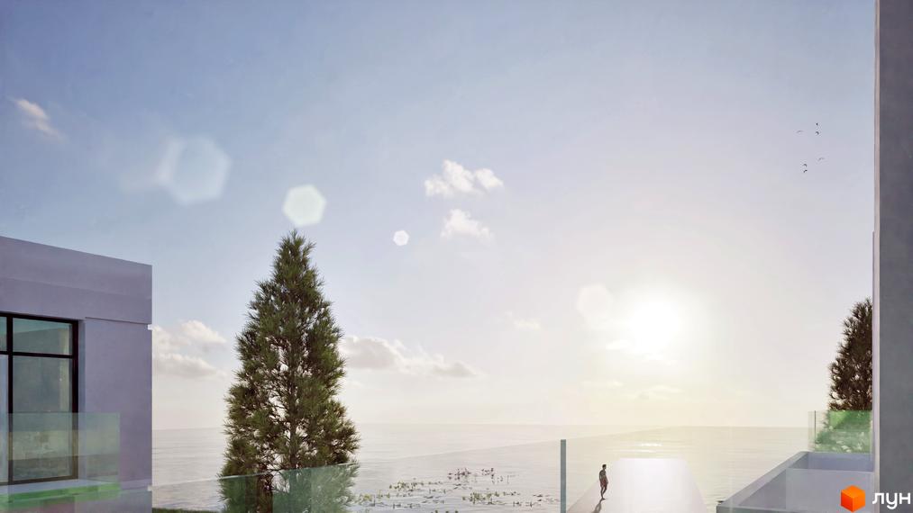 КМ Sunrise Residence – новобудова з панорамним видом на море та зеленою територією. На зображенні видно сучасну архітектуру та доглянутий ландшафт.