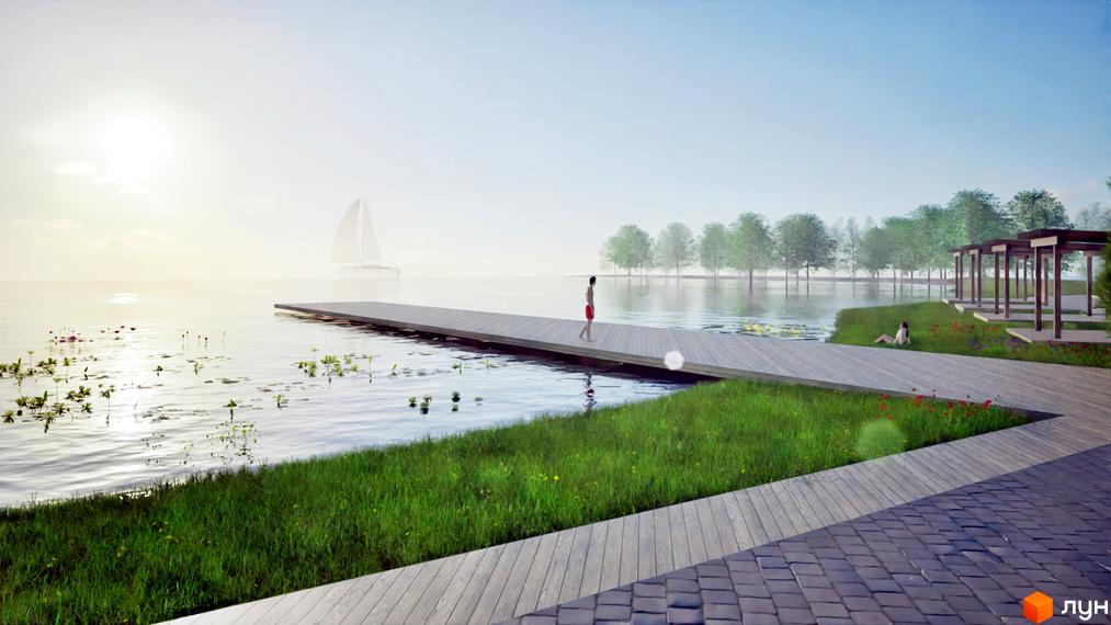 КМ Sunrise Residence - мальовничий вид на набережну з пірсом та зонами відпочинку. Сучасний житловий комплекс біля води з доглянутою територією та зеленню.