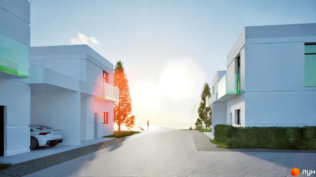 Котеджне містечко Sunrise Residence: білі двоповерхові будинки з панорамними вікнами та скляними балконами. На території зелені насадження та вимощені доріжки.