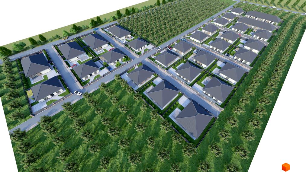 Котеджне містечко КМ Нова Мрія: акуратні будинки з сірими дахами та доглянуті подвір'я з газонами та деревами. Комплекс оточений зеленню та має зручні вулиці.