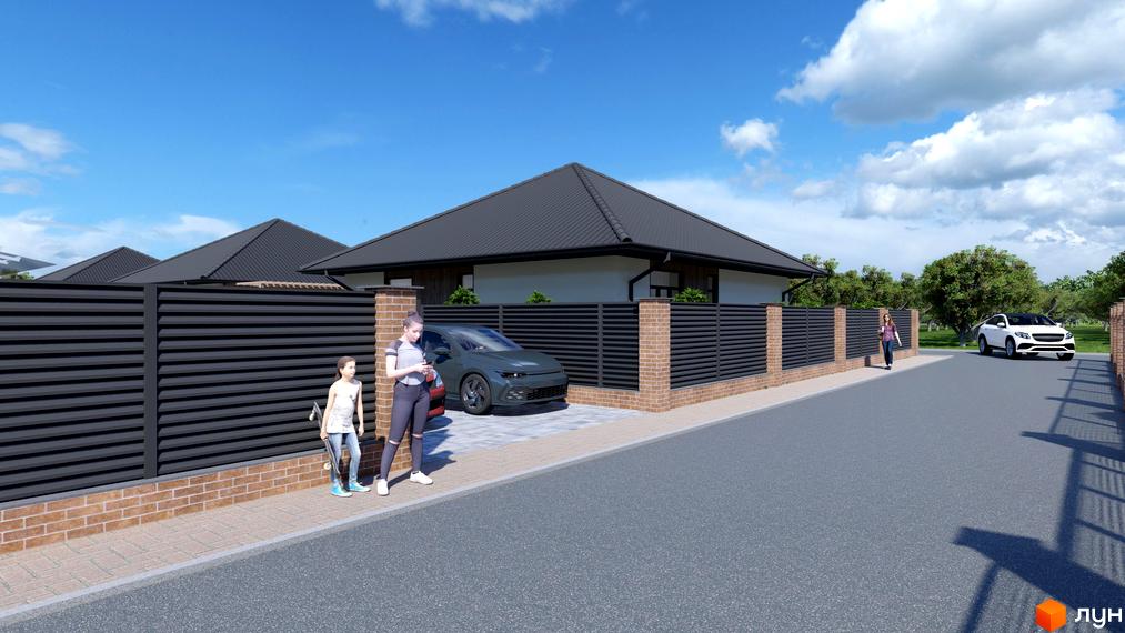 Котеджне містечко КМ Нова Мрія: одноповерхові будинки з темним дахом, огороджені парканом, з автомобілями та людьми на подвір'ї.