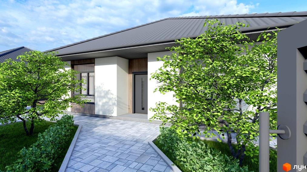 Котеджне містечко Нова Мрія: одноповерховий будинок з сірим дахом та білими стінами, перед будинком доріжка з плитки та зелені насадження.