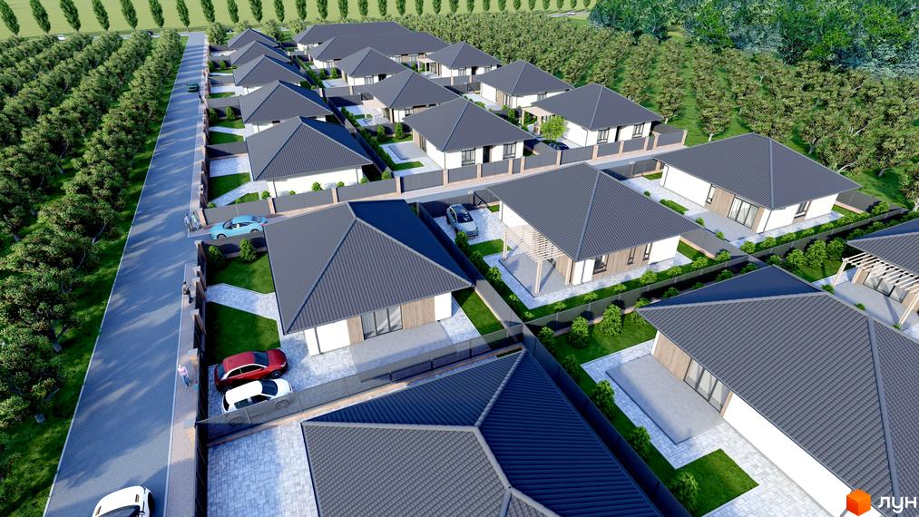 Котеджне містечко Нова Мрія: сучасні одноповерхові будинки з сірими дахами та доглянутими подвір'ями. Зелена територія з деревами та доріжками.