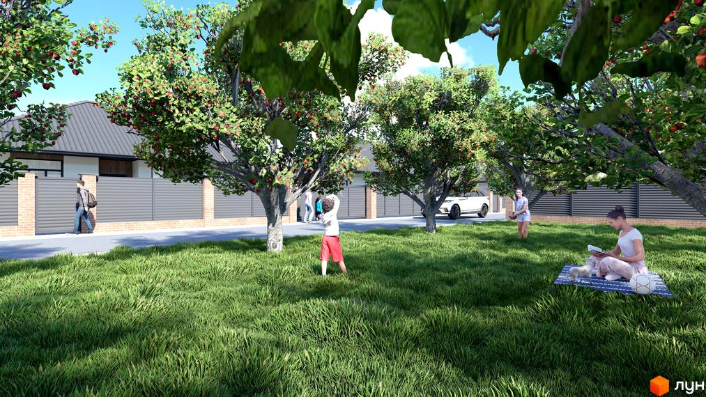 Котеджне містечко Нова Мрія: будинки за парканом, дерева з плодами та зелений газон для відпочинку на свіжому повітрі.