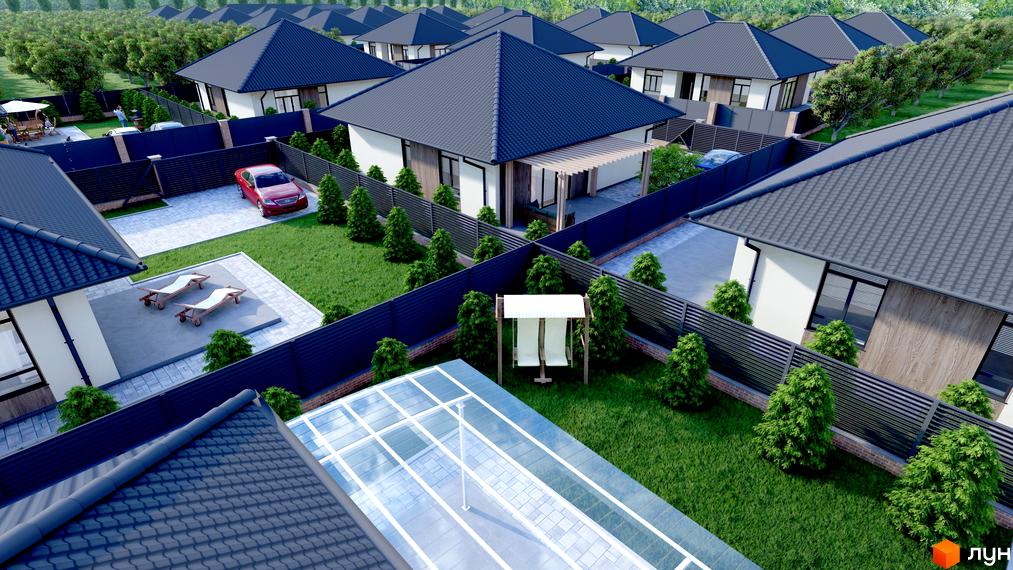 Котеджне містечко КМ Нова Мрія. Сучасні будинки з темним дахом та білими фасадами, огороджені парканом, з доглянутими подвір'ями та зонами відпочинку.