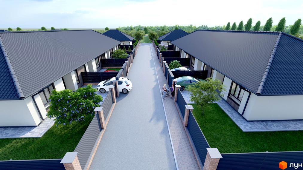 Котеджне містечко КМ Нова Мрія: одноповерхові будинки з сірими дахами, доглянуті дворики з газонами та паркувальними місцями.