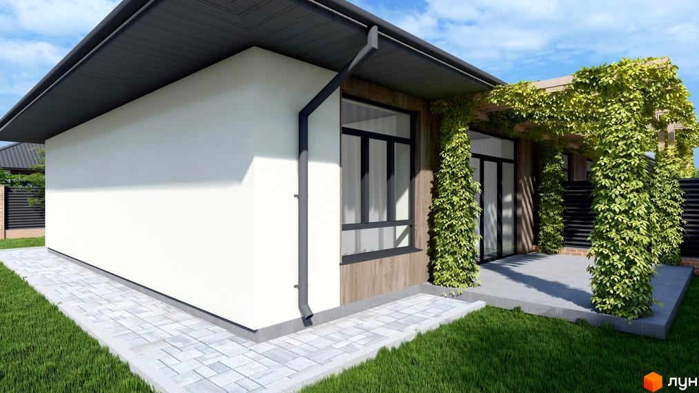 Котеджне містечко Нова Мрія: білий будинок з дерев'яними вставками та зеленою лозою на терасі. Поруч бруківка та доглянутий газон.