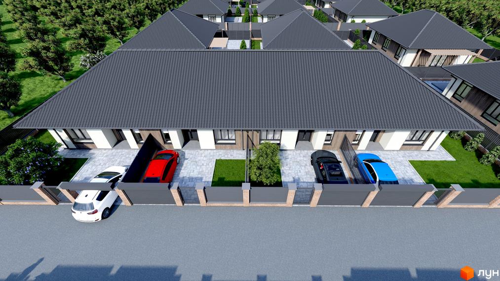 Котеджне містечко КМ Нова Мрія: сучасні будинки з сірими дахами та прибудинковою територією з автомобілями та зеленими насадженнями.