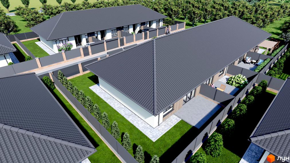 Котеджне містечко Нова Мрія: огляд будинків з сірими дахами та прибудинковою територією з газоном та парканом. Фото новобудови.