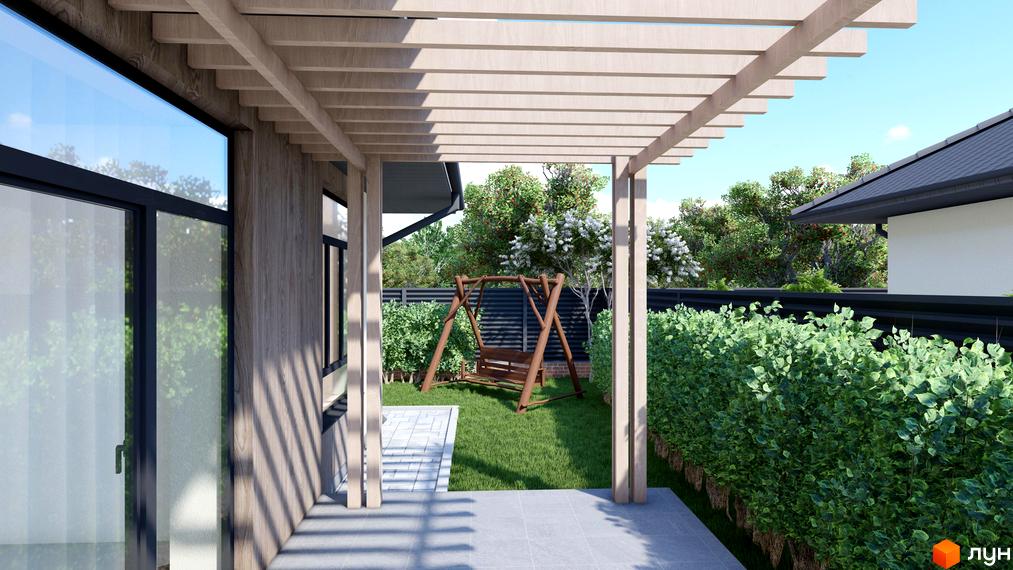 Котеджне містечко Нова Мрія: будинок з дерев'яною перголою та зоною відпочинку з гойдалкою на доглянутій прибудинковій території.
