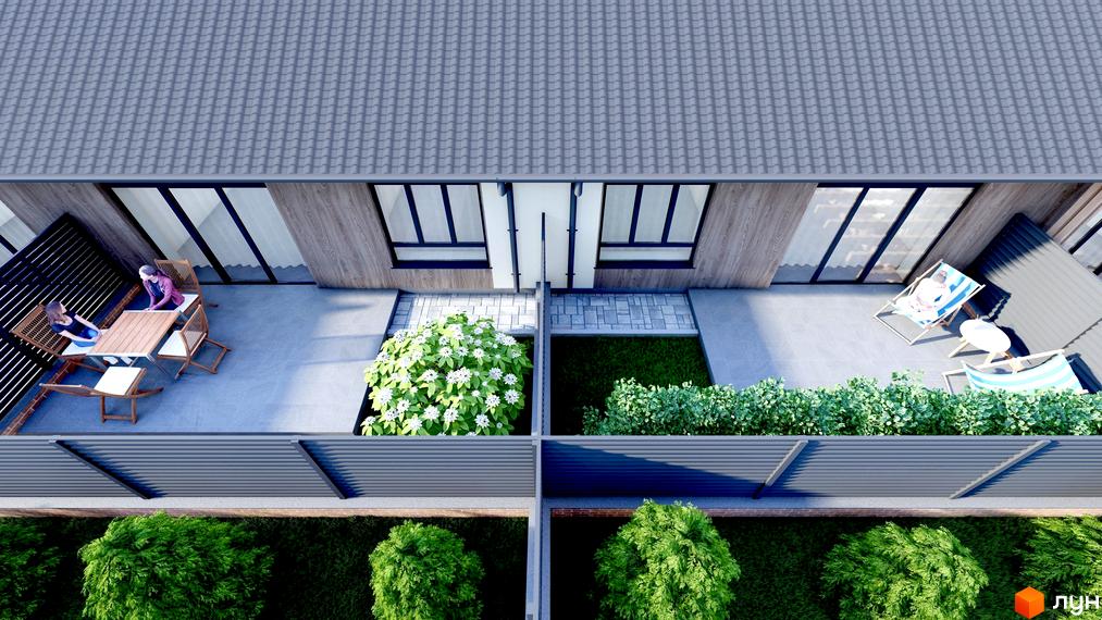 Котеджне містечко Нова Мрія: вид зверху на тераси з відпочиваючими та зелені зони. Сучасний дизайн будинків та затишна прибудинкова територія.