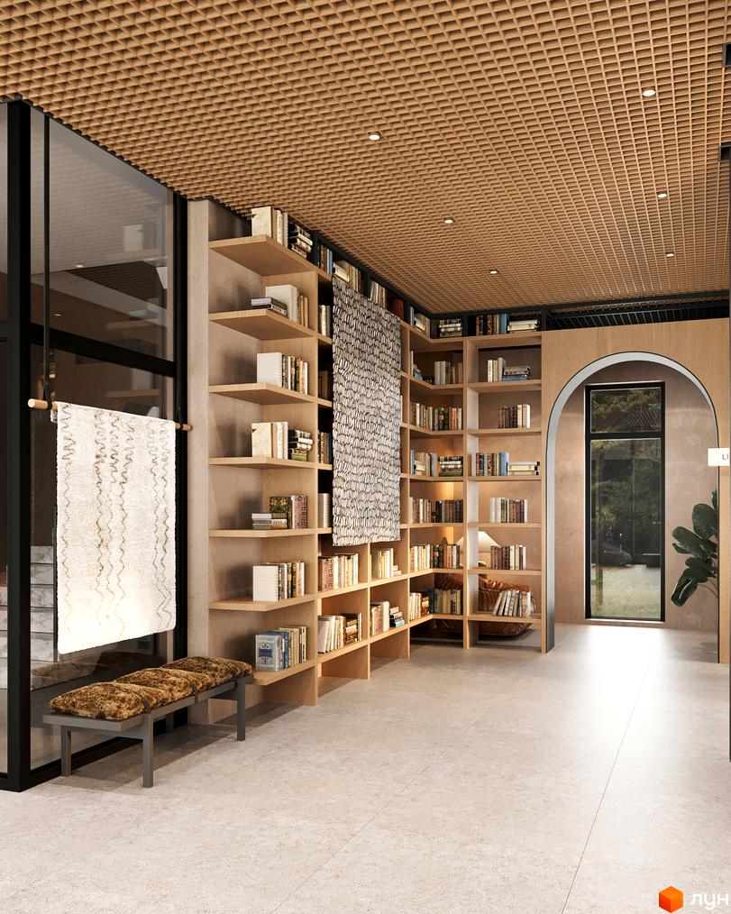 Інтер'єр житлового комплексу Erwin Hall з книжковими полицями та зоною відпочинку. Сучасний дизайн та функціональне планування.