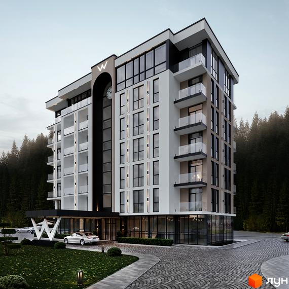 Erwin Hall – новобудова з фасадом з білої штукатурки та цегли, скляними балконами та великими вікнами. Прибудинкова територія з доглянутим газоном та бруківкою.