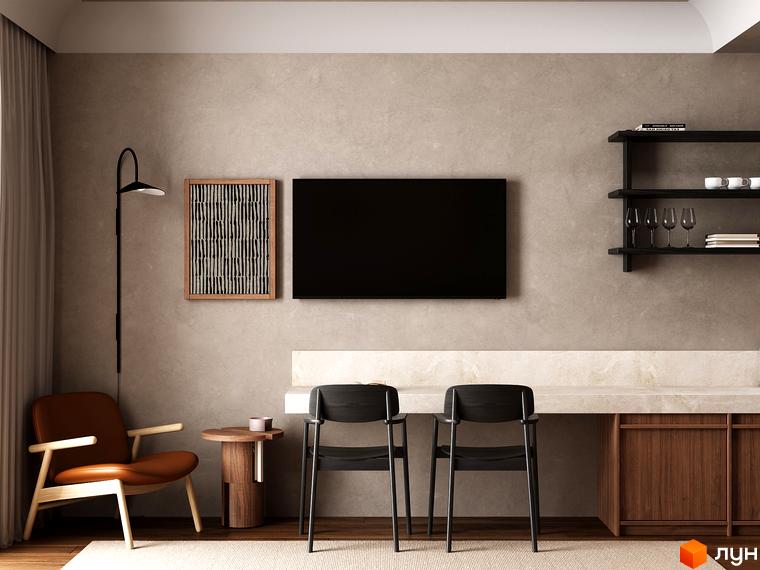 Інтер'єр кімнати в житловому комплексі Erwin Hall з телевізором, кріслом та робочим столом.