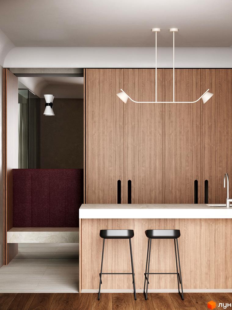 Інтер'єр кухні-вітальні в Erwin Hall з дерев'яними фасадами та барною стійкою. Сучасний дизайн та функціональне планування для комфортного життя.