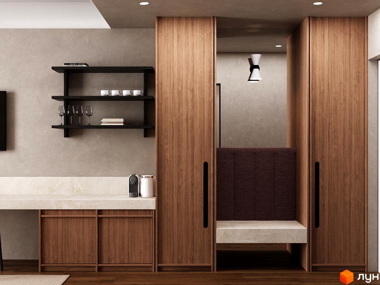 Інтер'єр квартири в житловому комплексі Erwin Hall з дерев'яними фасадами та зручним місцем для відпочинку.