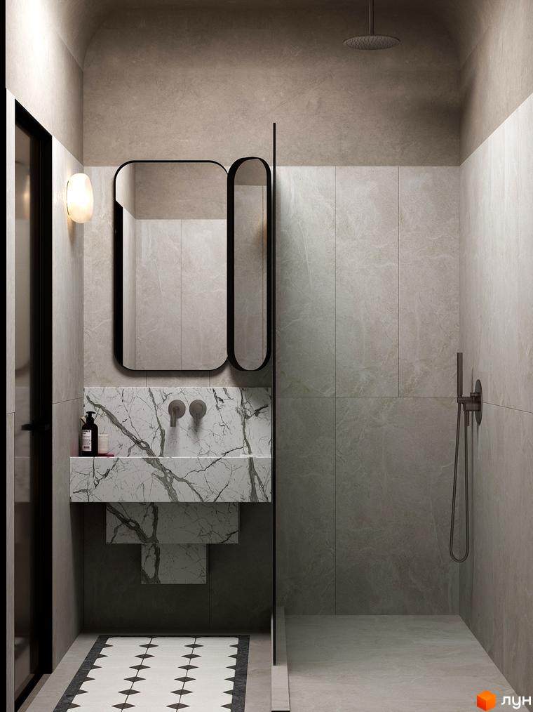 Сучасний дизайн ванної кімнати в житловому комплексі Erwin Hall з мармуровою раковиною та душовою кабіною. Ознайомтеся з інтер'єрами новобудов.