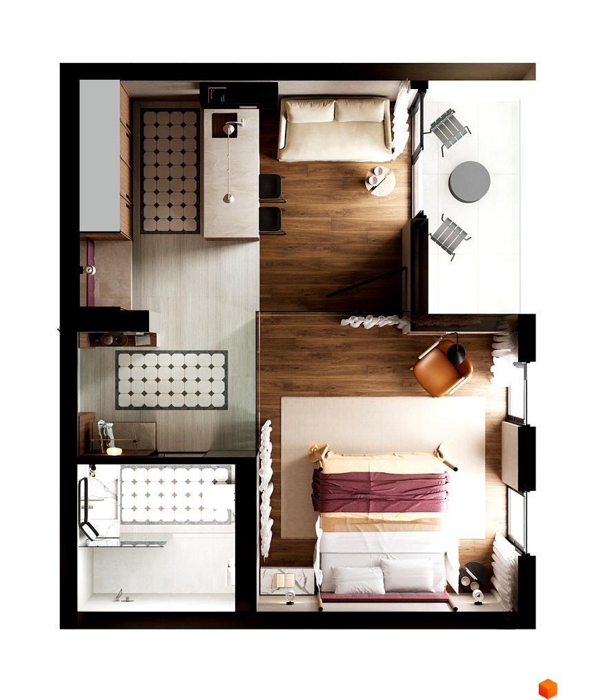 Планування квартири в Erwin Hall: зона вітальні з диваном та кухнею-студією, спальня з ліжком, балкон з меблями.