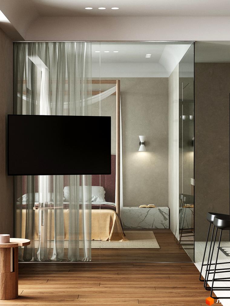 Сучасний дизайн спальні в Erwin Hall з телевізором на скляній перегородці та мінімалістичним декором. Затишна атмосфера для відпочинку.