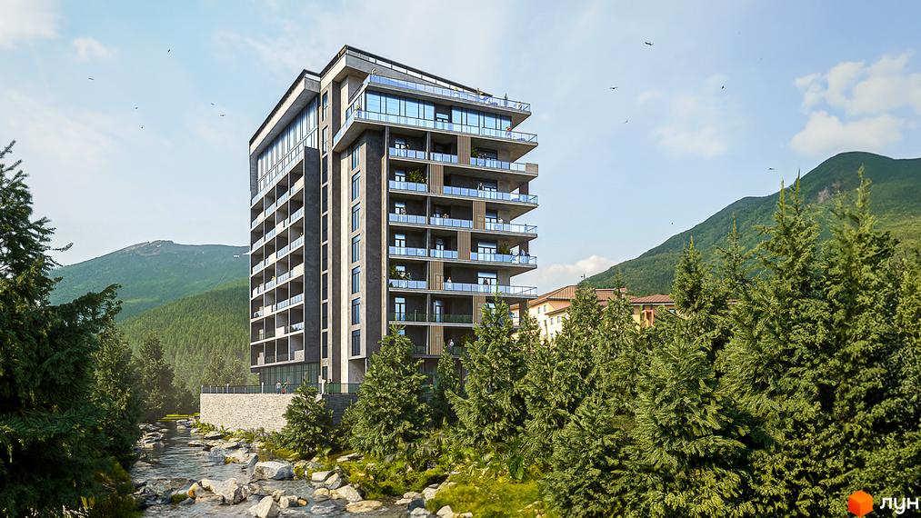 Апарт-комплекс KARDAMON RESORT & SPA з панорамними вікнами та балконами на тлі гірського пейзажу та річки.