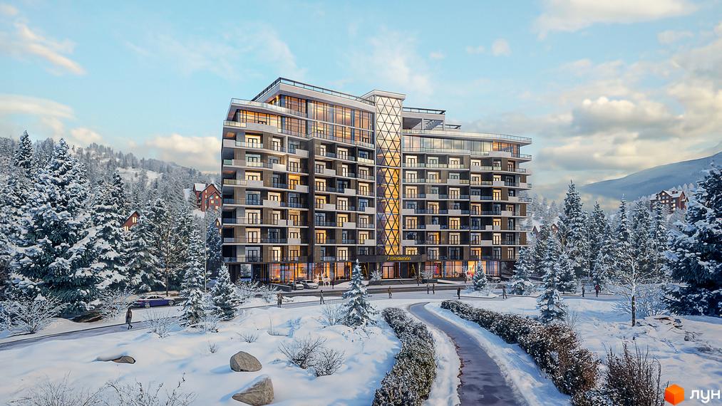 Апарт-комплекс KARDAMON RESORT & SPA з багатоповерховими балконами та скляними фасадами, розташований серед засніжених ялин та гірських пейзажів.