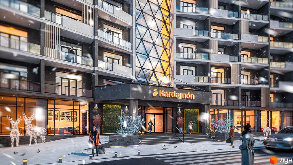 Апарт-комплекс KARDAMON RESORT & SPA з фасадами з панорамними вікнами та балконами, прибудинкова територія з різдвяними оленями та снігом.
