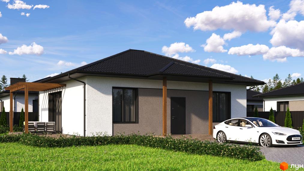 Котеджне містечко Нова Рубежівка: одноповерховий будинок з темним дахом, сірою та білою стіною, біля будинку стоїть білий електромобіль, облаштована зелена територія.