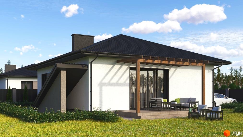 Котеджне містечко КМ Нова Рубежівка: білий одноповерховий будинок з темним дахом та дерев'яною перголою, зелений газон та дерева.