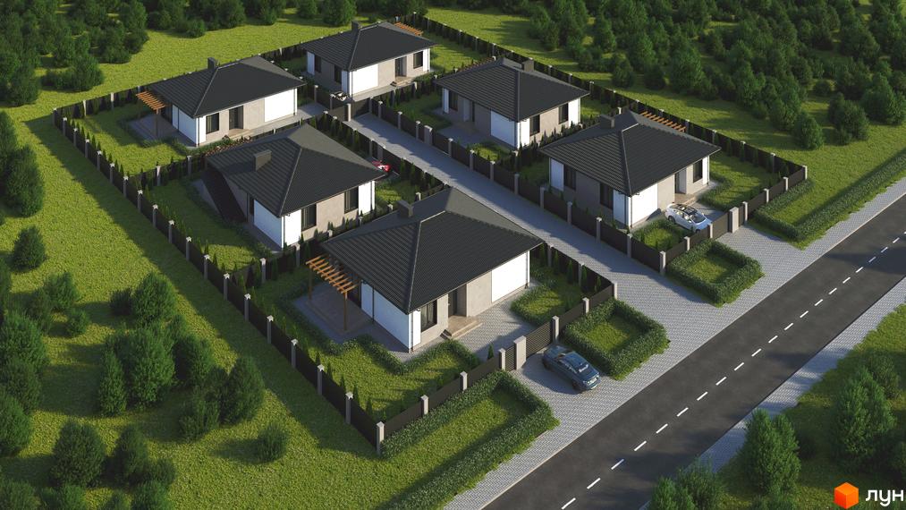 Котеджне містечко КМ Нова Рубежівка: одноповерхові будинки з темними дахами та білими фасадами, огороджені ділянки з доглянутими газонами та кущами.