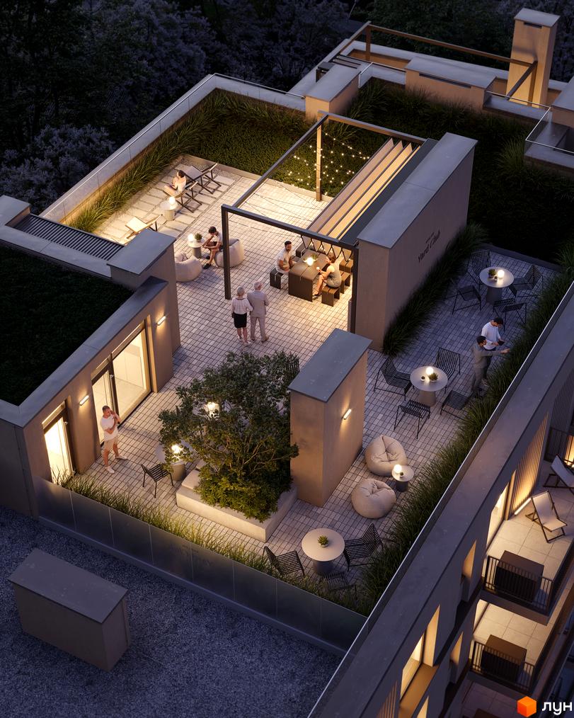 Комплекс Avalon Yard Club з просторою терасою та зонами відпочинку, що потопає у зелені. Відкриті тераси з меблями та освітленням створюють затишну атмосферу для мешканців.