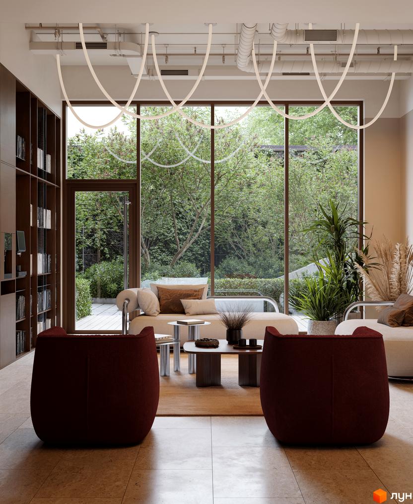 Інтер'єр вітальні ЖК Avalon Yard Club з великими вікнами та видом на зелений сад. Затишна атмосфера для відпочинку та зустрічей.