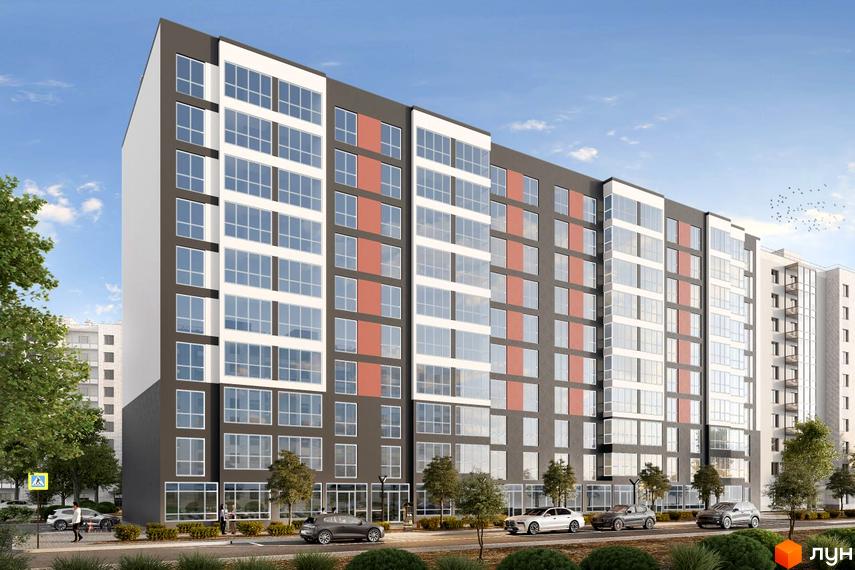 Зовнішній вигляд житлового комплексу Затишний Дім з великою кількістю скління та цегляними вставками. Навколо будинку зелені насадження та проїжджа частина з автомобілями.