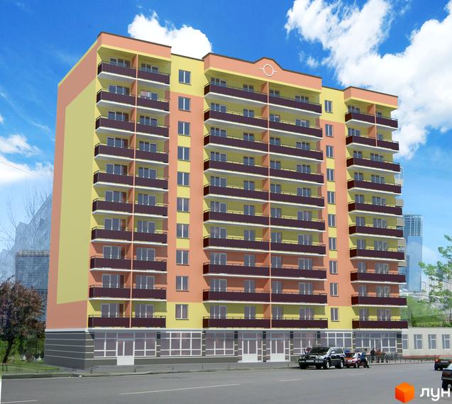 Зовнішній вигляд новобудови ЖК Соборний: багатоповерховий будинок з балконами та вікнами, розташований біля дороги. Навколо будинку є дерева та хмари на небі.