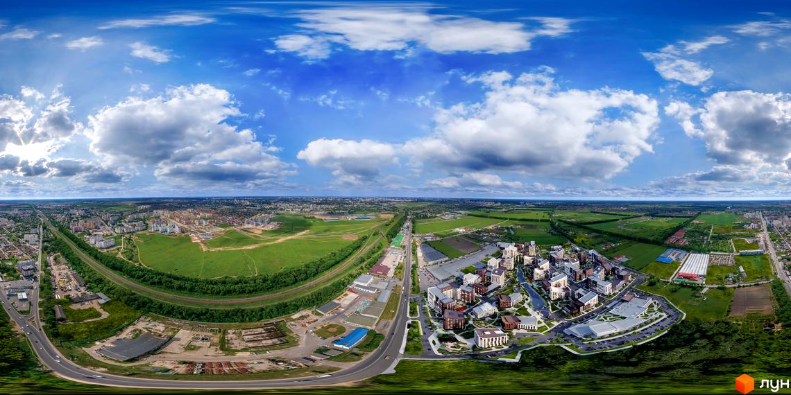 Панорамне фото Житлового комплексу Paradise Avenue з висоти пташиного польоту. Вигляд на новобудови та зелену прибудинкову територію.
