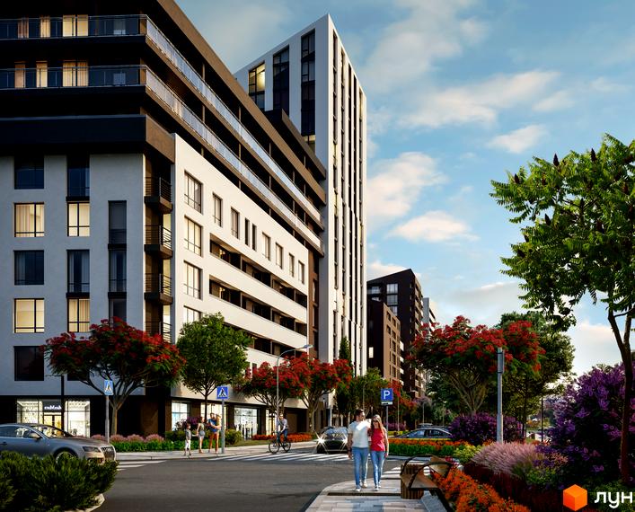 Зображення Житлового комплексу Paradise Avenue: багатоповерхові будинки з краєвидом на вулицю, де гуляють люди та ростуть дерева.