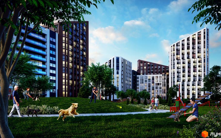 Зображення сторінки Житлового комплексу Paradise Avenue. Вигляд новобудови та прибудинкової території з газоном, деревами та дитячим майданчиком.