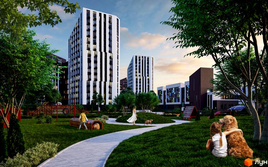 Житловий комплекс Paradise Avenue: багатоповерхові будинки з білими фасадами, дитячий майданчик та зелена територія для відпочинку.