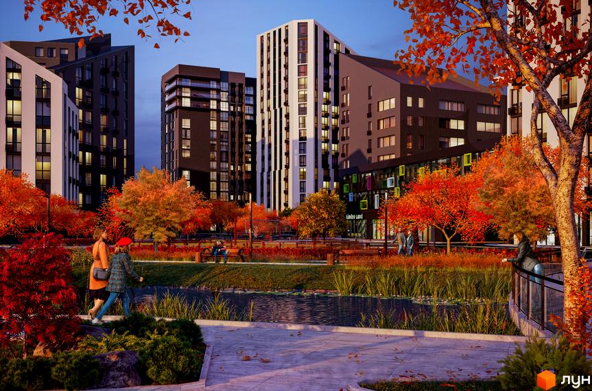 Зображення житлового комплексу Paradise Avenue з осіннім пейзажем. Вигляд новобудови з прибудинковою територією, озером та пішохідною зоною.