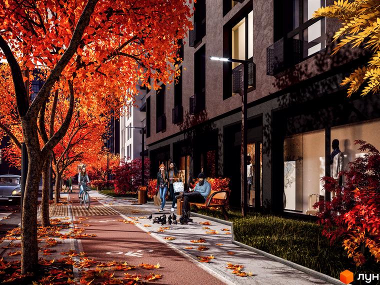 Зображення Житлового комплексу Paradise Avenue восени. Вигляд фасаду будинку та прибудинкової території з деревами.