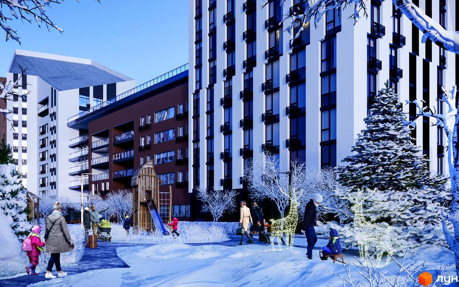 Зимовий краєвид Житлового комплексу Paradise Avenue: багатоповерхові будинки, дитячий майданчик та сніговий парк з освітленням.